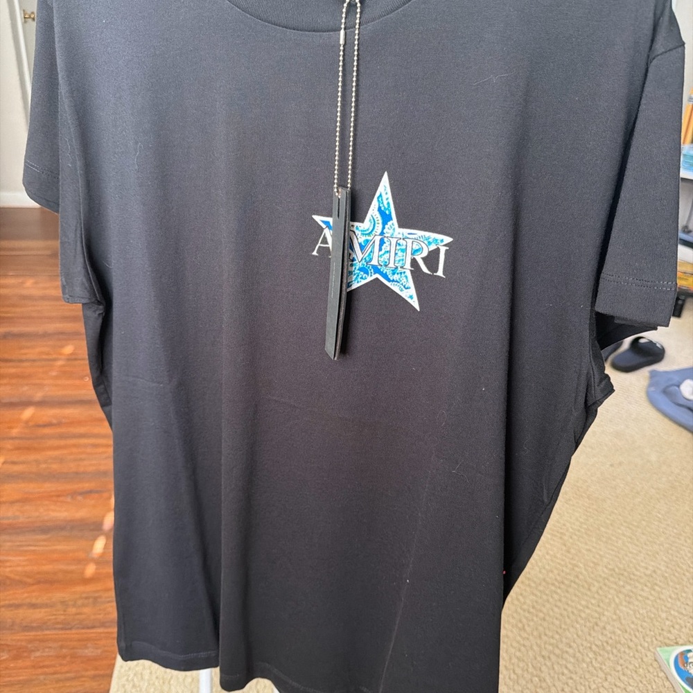 AMIRI Black T‑Shirt with Blue Star Logo
